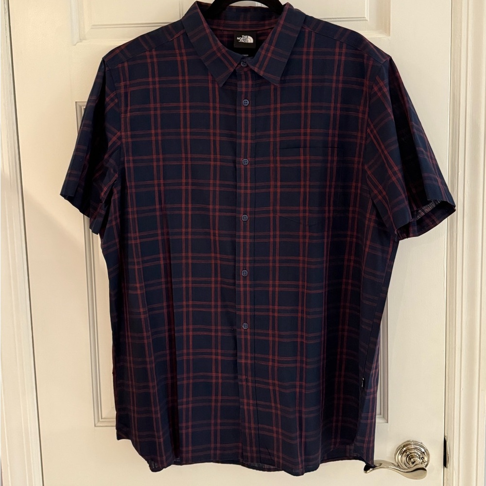The North Face Men's Dark Blue and Red Checkered Shirt